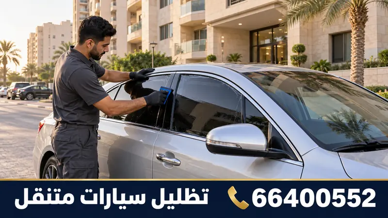تركيب تظليل سيارات متنقل السلام — تركيب تظليل سيارة متنقل أمام عمارة سكنية