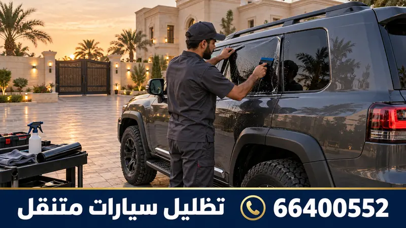 تركيب تظليل سيارات متنقل تيماء — تركيب تظليل سيارة دفع رباعي أمام بيت بحوش واسع