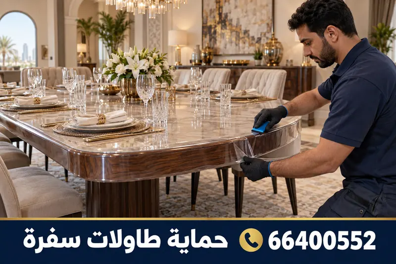 فني يركّب حماية طاولة سفرة بفيلم شفاف على الحافة