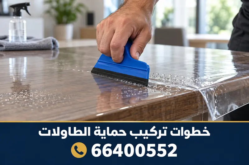 خطوات تركيب حماية الطاولات: سحب الماء من تحت الفيلم بالمسّاحة